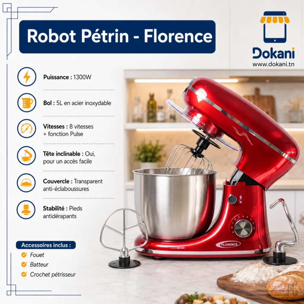 Robot Pétrin Florence  5L 1300W- Rouge.webp