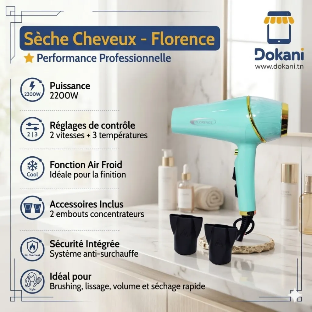 Sèche Cheveux Florence Power Max 2200W- Vert D'eau.webp