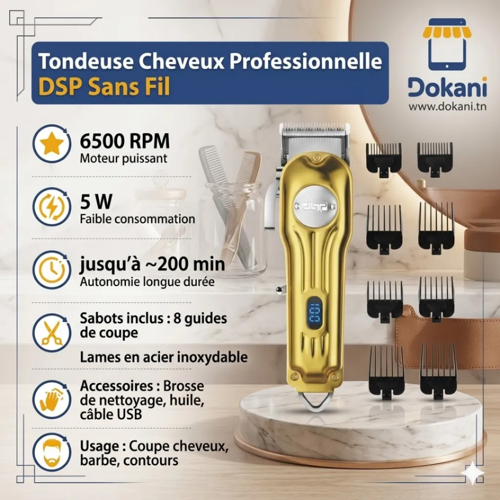 Tondeuse Cheveux Professionnelle  Sans Fil DSP Dorée – 6500RPM - 5W (3).webp