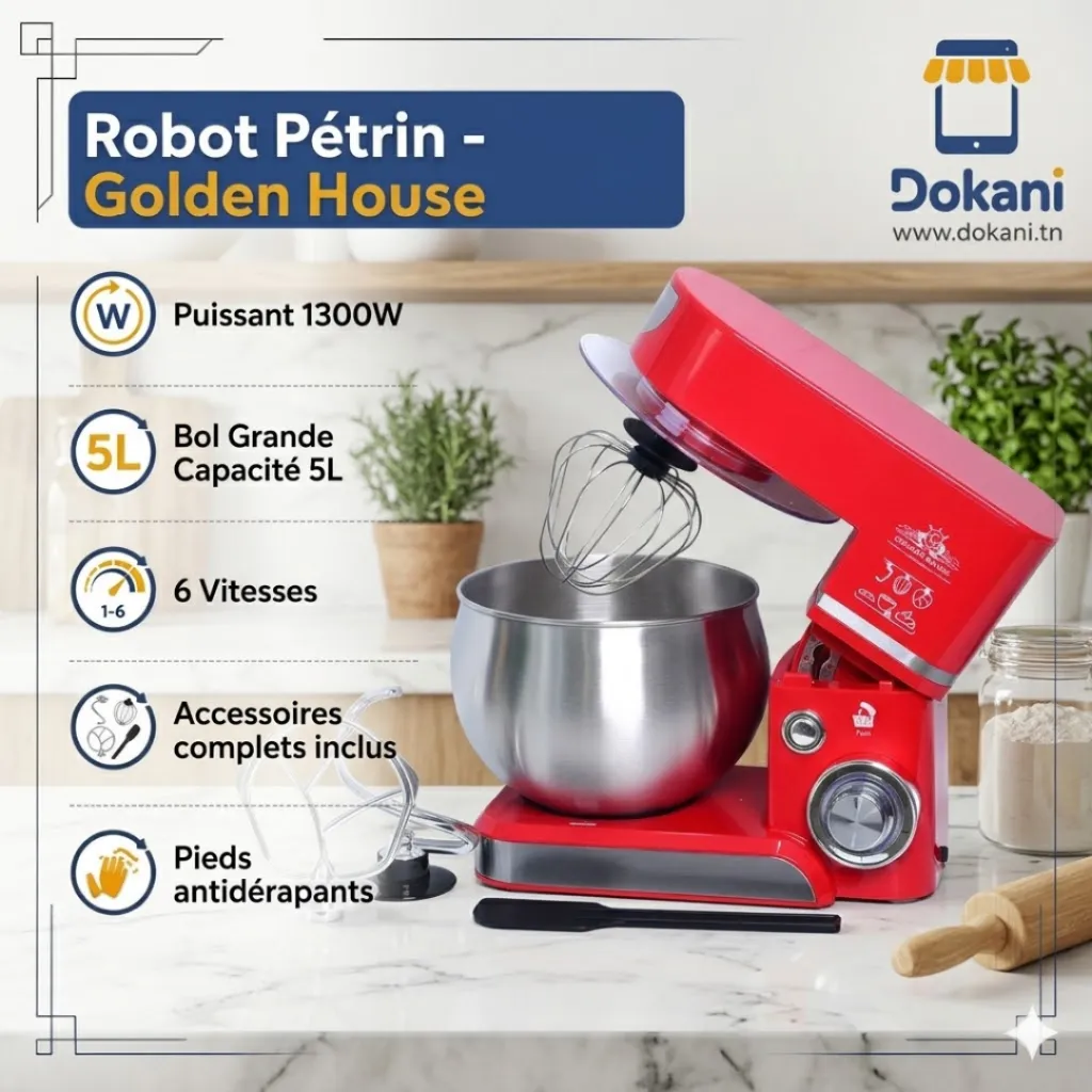 Robot Pétrin Golden House 5L 1300W- Rouge.webp