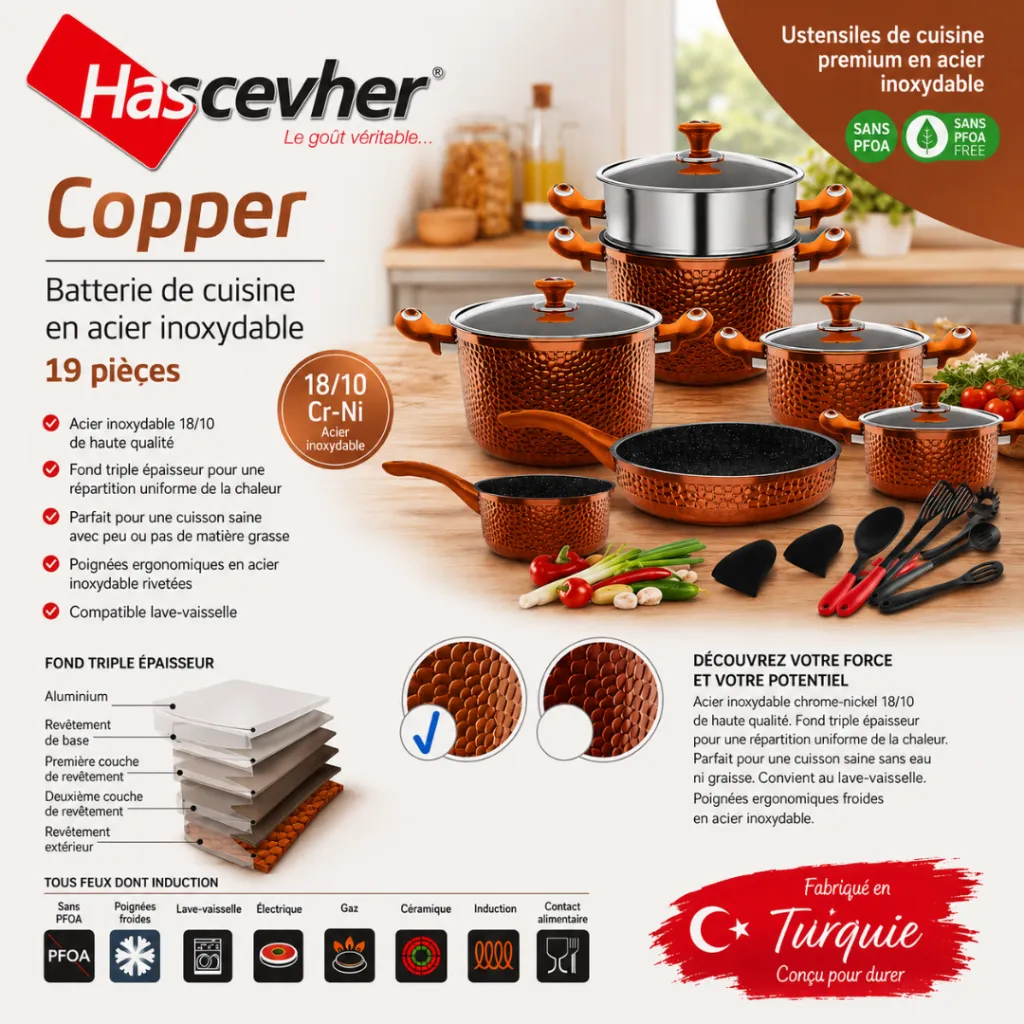 Batterie De Cuisine 19 Pièces Hascevher – Acier Inoxydable & Granit –Miel.webp