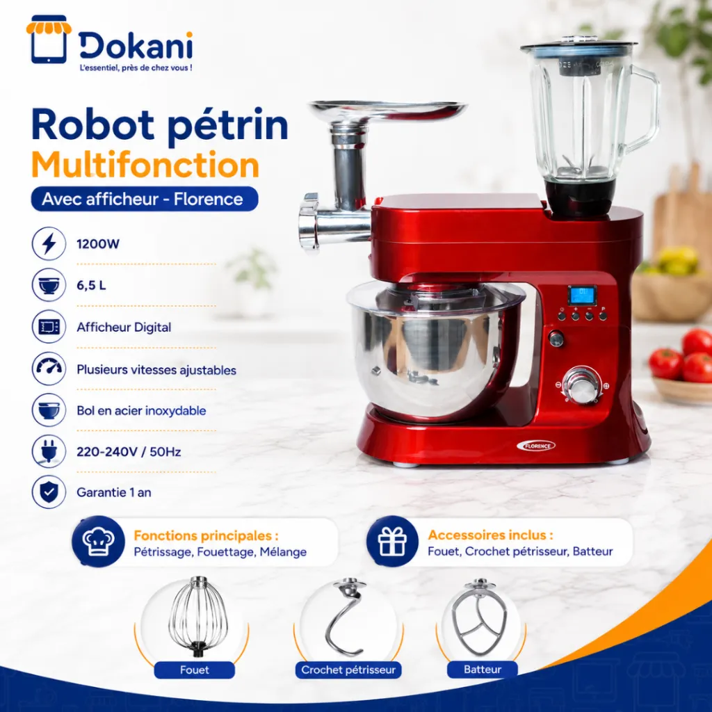 Robot Pétrin Multifonction Avec Afficheur Florence 6.5L 1200W - Rouge.webp