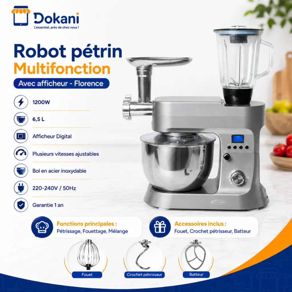 Robot Pétrin Multifonction Avec Afficheur Florence 6.5L 1200W - Gris.webp