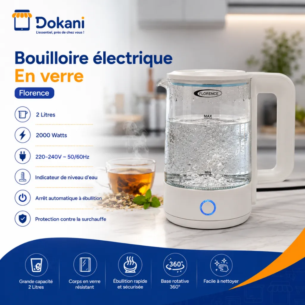 Bouilloire Electrique En Verre Florence 2L 2000W - Blanc.webp
