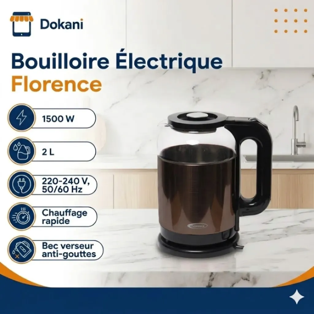 Bouilloire Électrique Florence 2L 1500W Marron.webp