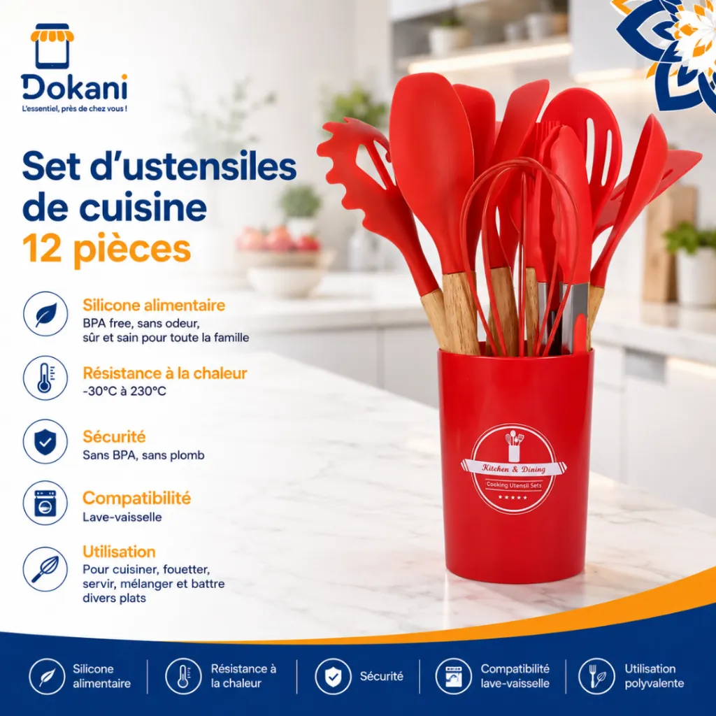 Set D'ustensiles De Cuisine 12 Pièces En Silicone Rouge.webp
