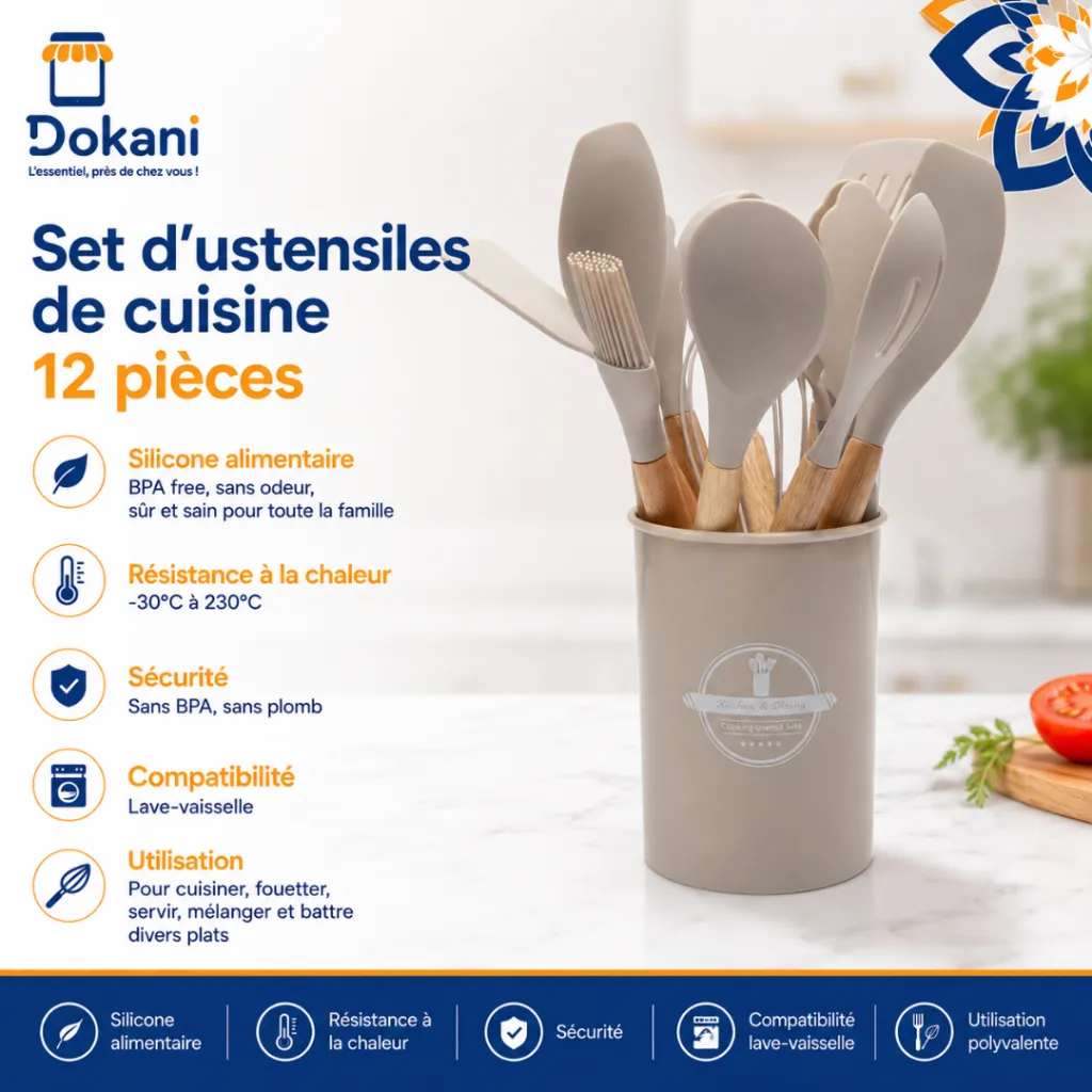 Set D'ustensiles De Cuisine 12 Pièces En Silicone Beige.webp