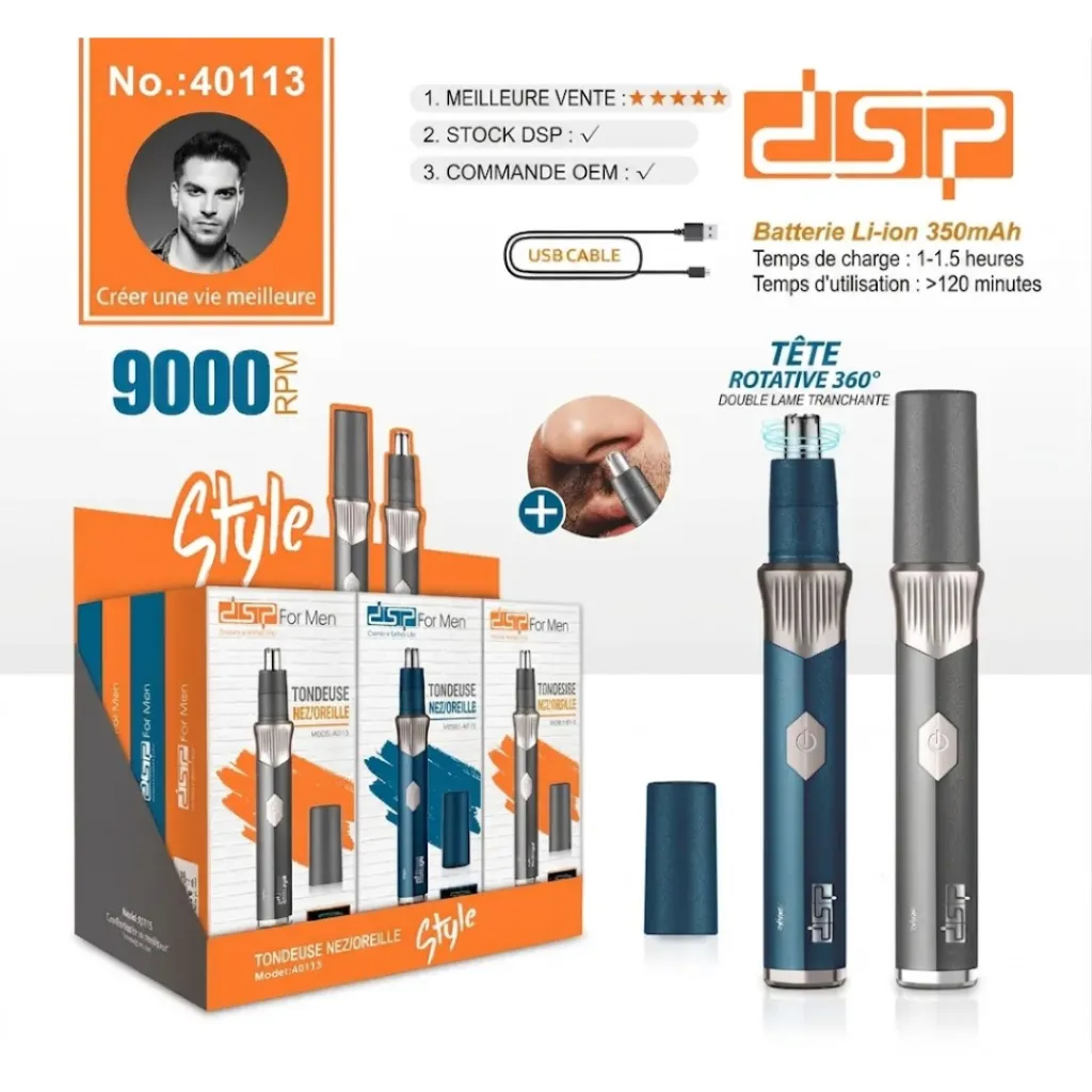 Tondeuse Poils et Nez Rechargeable DSP 9000RPM 5W Bleu (3).webp