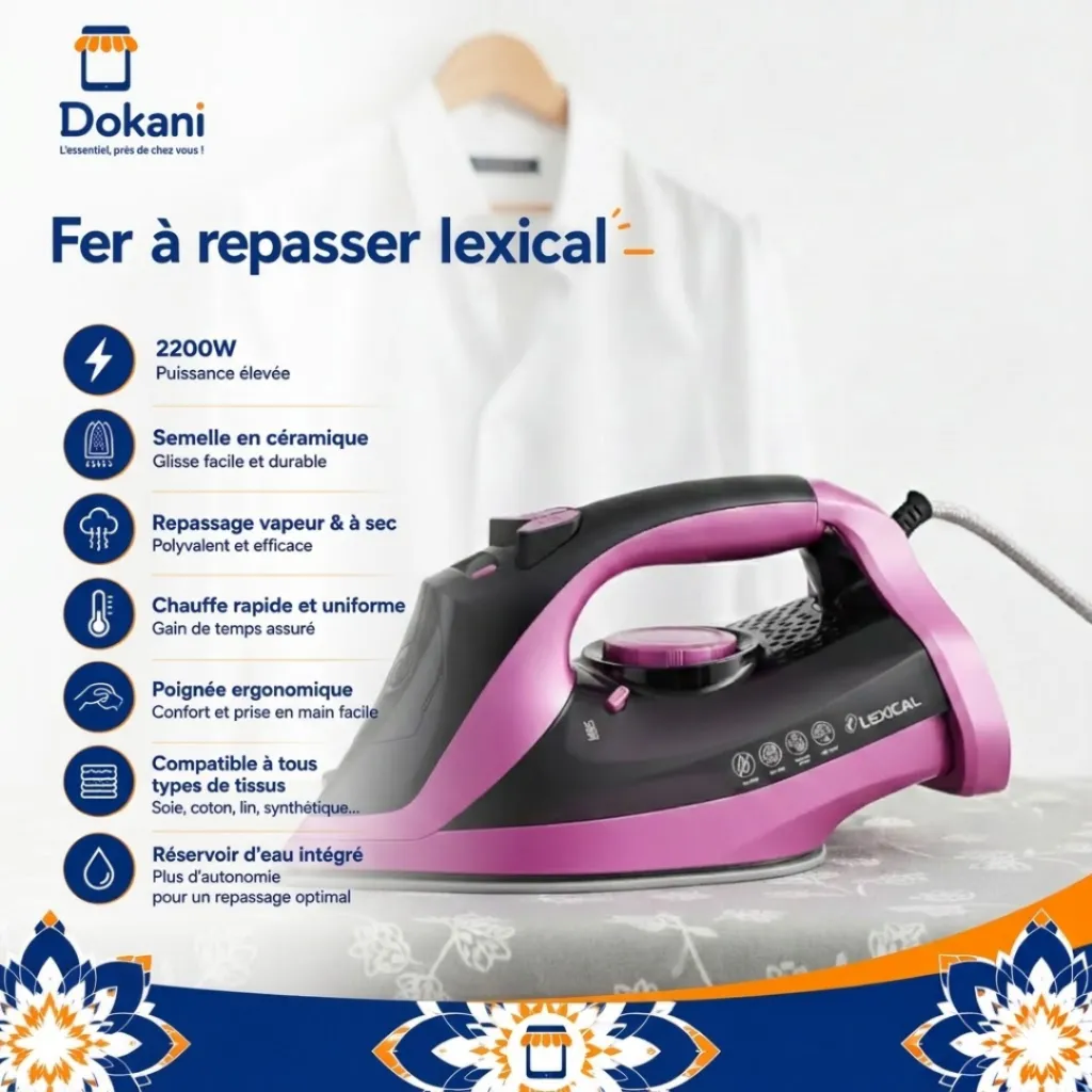 Fer A Repasser Lexical 2200W Semelle en céramique - Rose.webp