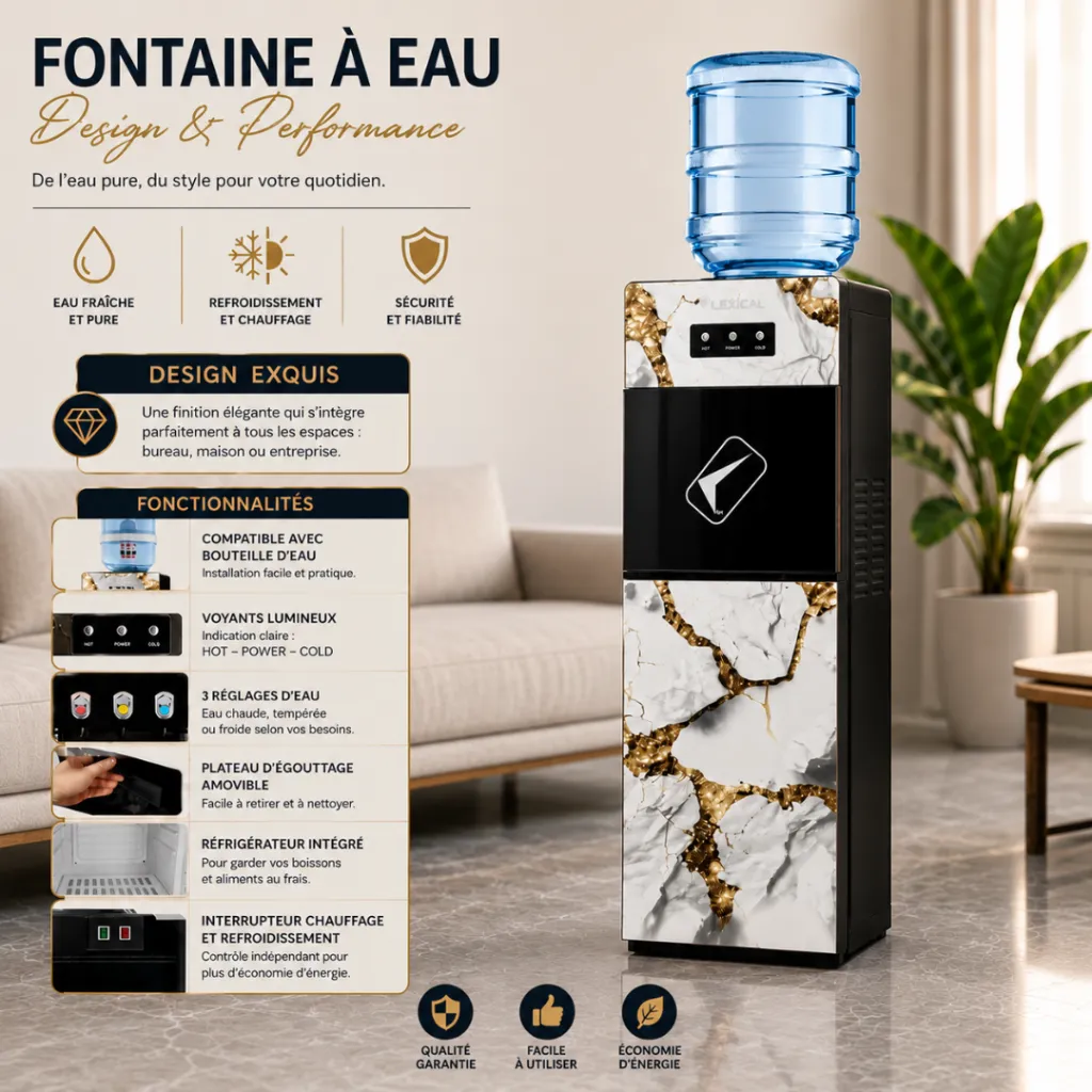 Distributeur d'Eau Lexical Avec Réfrigérateur -670 W- LWD-6080- Marbre Blanc.webp