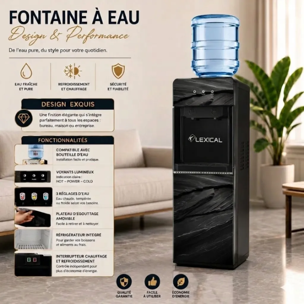 Distributeur d'Eau Avec Réfrigérateur Lexical LWD-6070 - Marbre Noir (4).webp