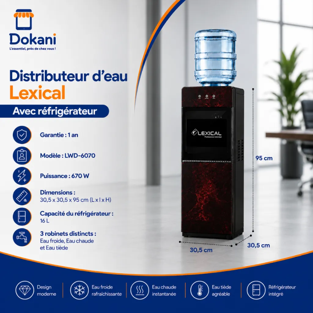 Distributeur d'Eau Avec Réfrigérateur Lexical LWD-6070 - Rouge.webp