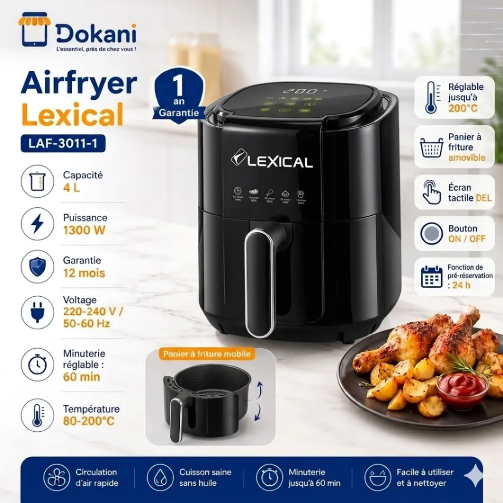 AirFryer Sans Huile 1200W 4L Lexical LAF-3011-1  - Noir (4).webp