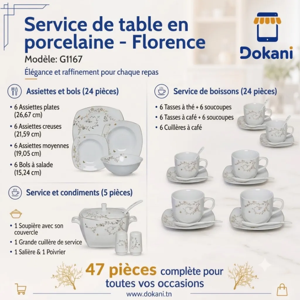 Service De Table 47 Pièces en Porcelaine-Florence - G1167.webp