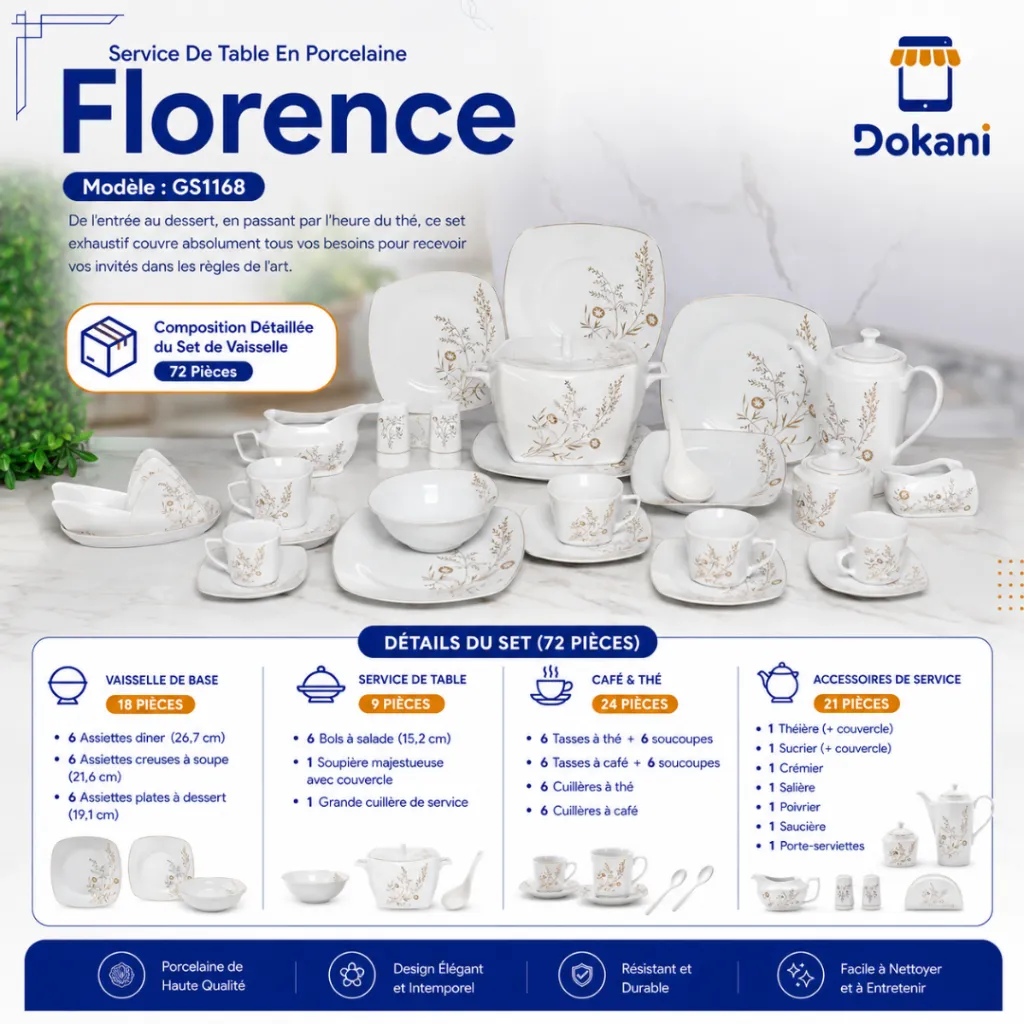 Service De Table 72 Pièces en Porcelaine Florence - Carré - GS1168.webp