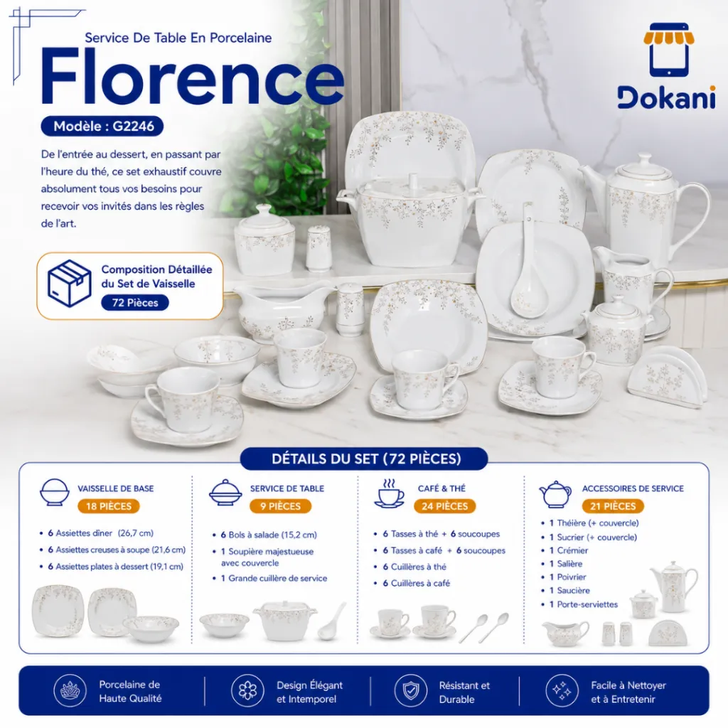 Service De Table 72 Pièces en Porcelaine Florence - Carré - G2246.webp