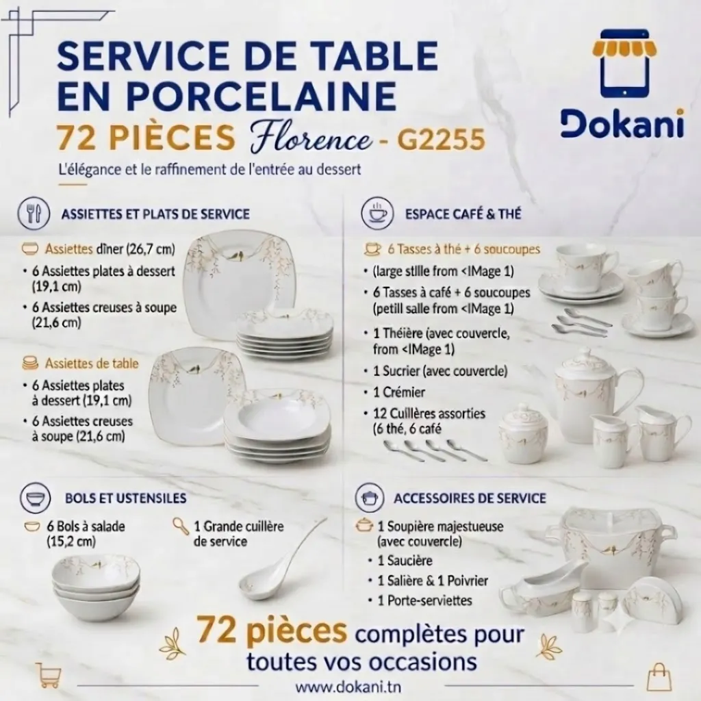 Service De Table 72 Pièces en Porcelaine Florence - Carré - G2255 (2).webp