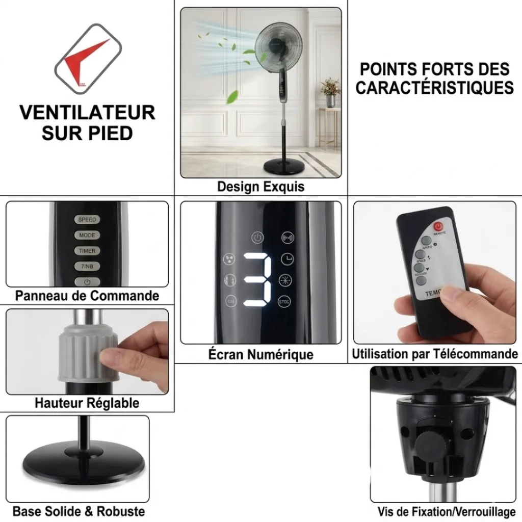 Ventilateur sur Pied Lexical 16 Avec Télécommande 60W Argent (2).webp