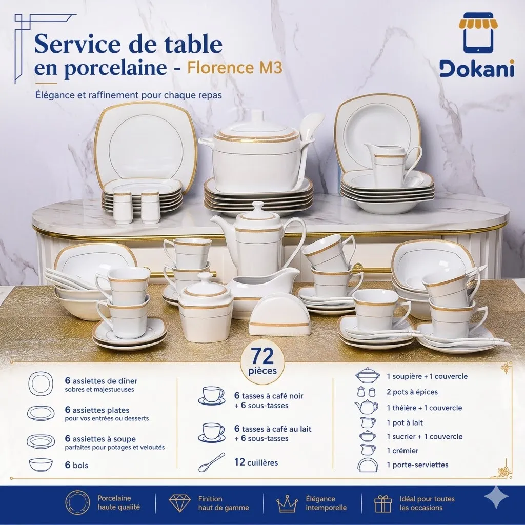 Service De Table 72 Pièces en Porcelaine Florence M3- Carré.webp