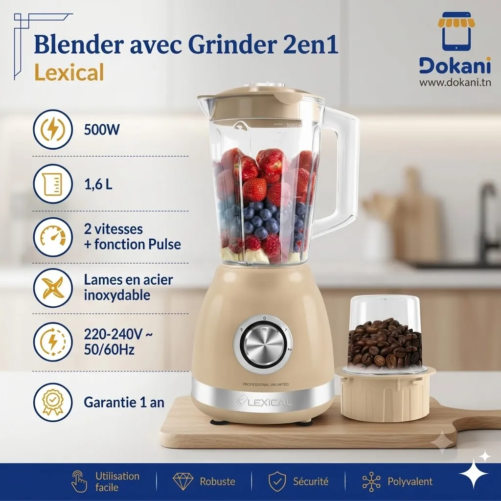 Blender avec Grinder 2en1 Lexical 500W — 1,6L Beige (2).webp