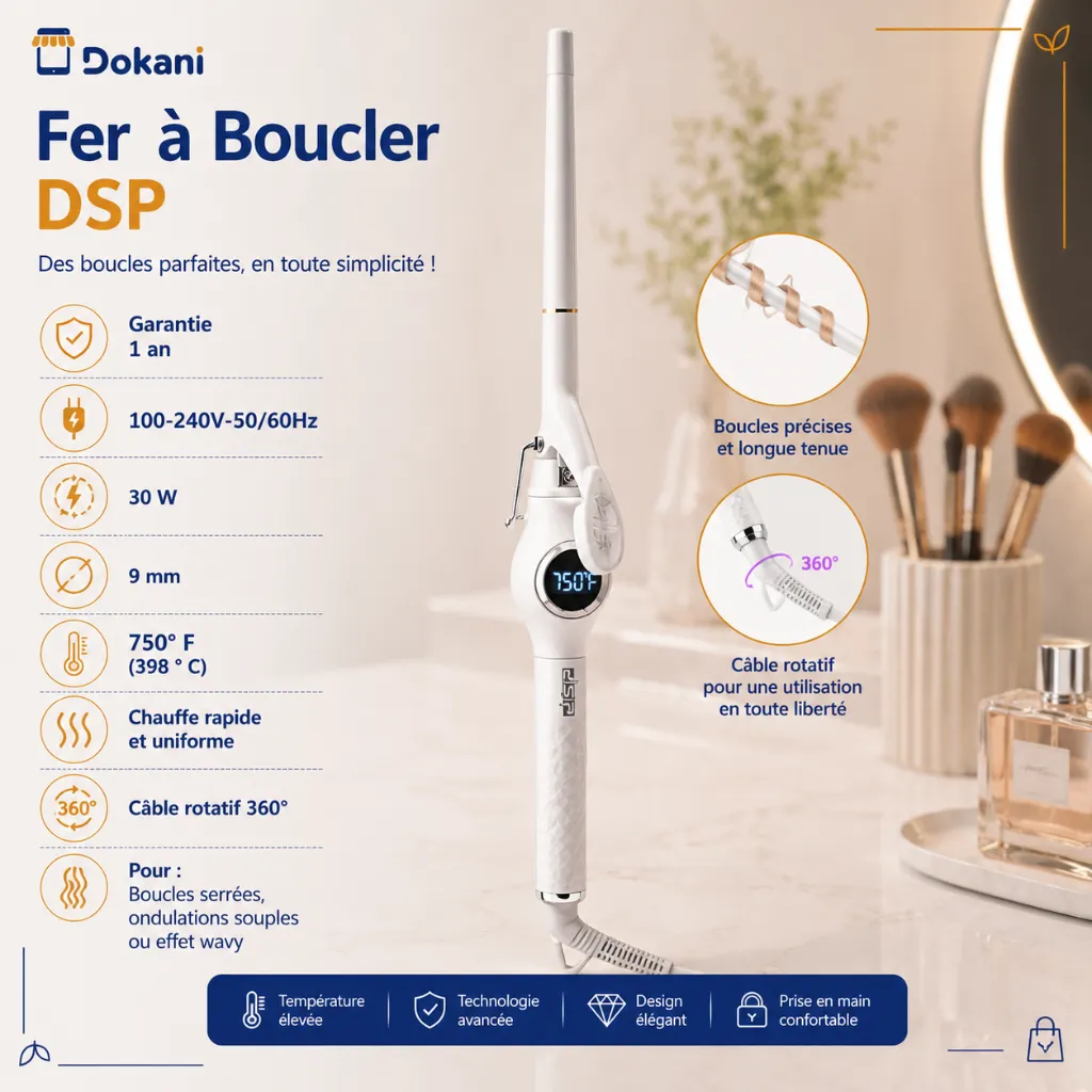 Fer à Boucler DSP Avec Afficheur LCD 30W 9mm- Blanc.webp
