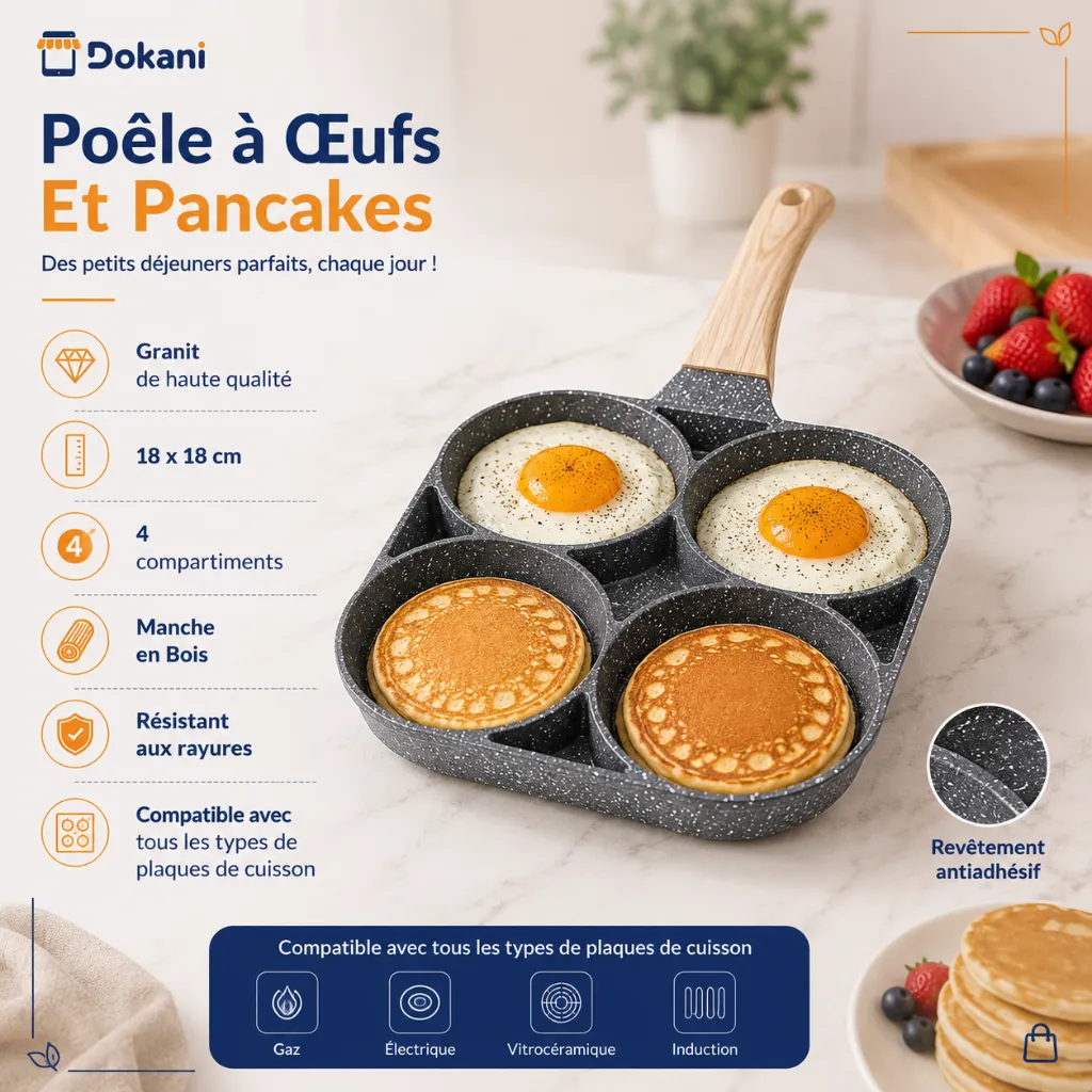 Poêle Granit Œufs Et Pancakes 4 Compartiments — Gris.webp