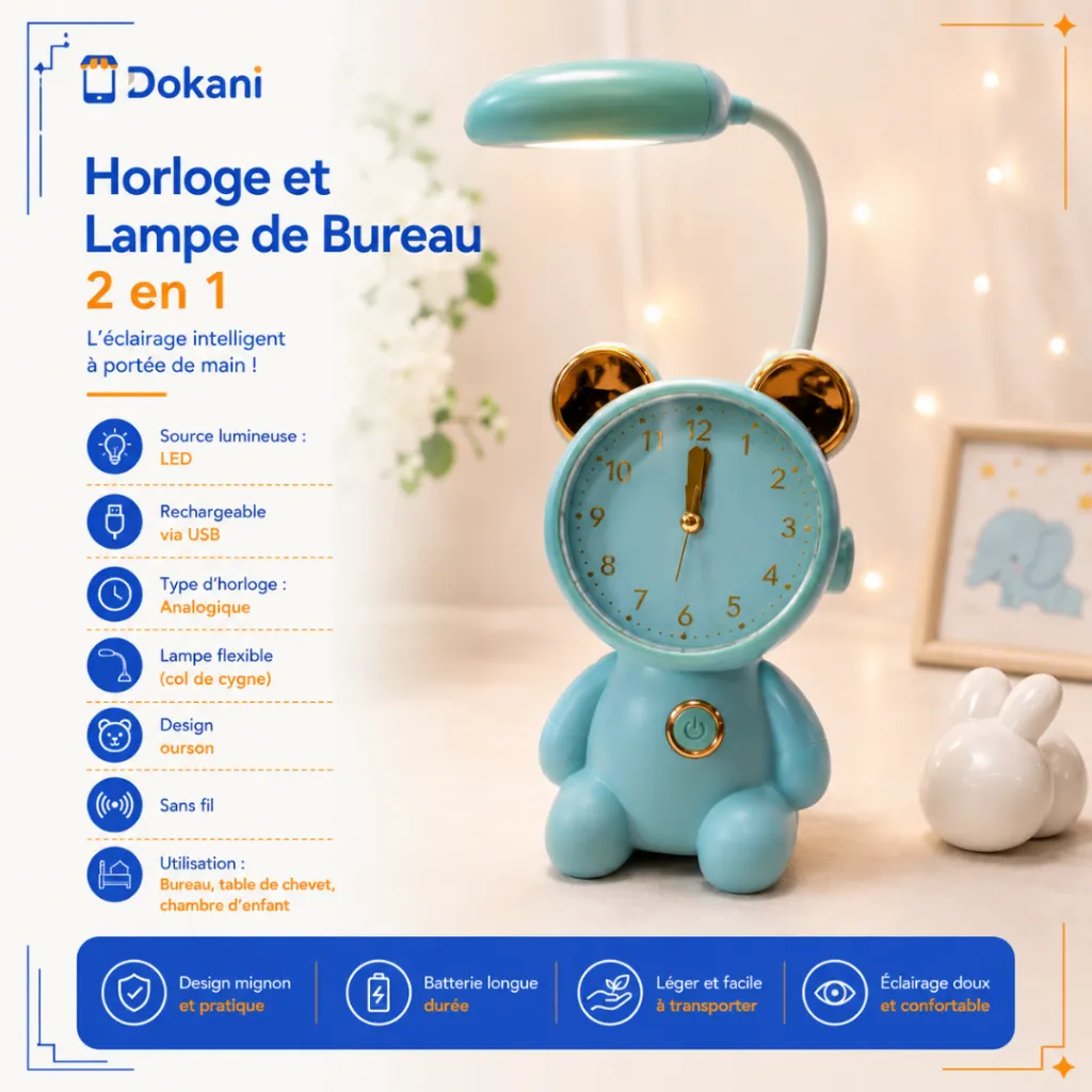 Horloge et Lampe De Bureau Rechargeable LED - Bleu (2).webp