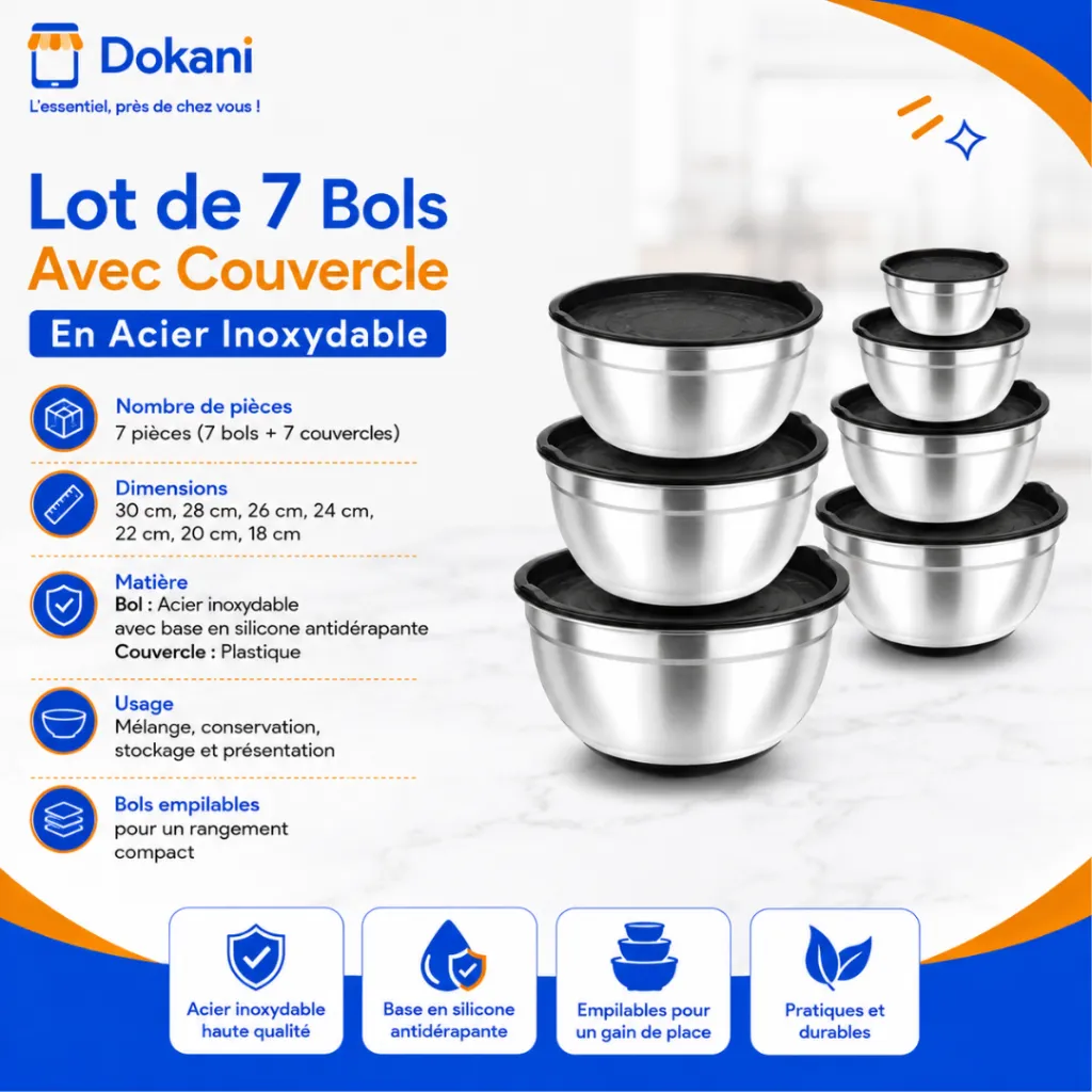 Lot de 7 Bols Avec Couvercle En Acier inoxydable.webp