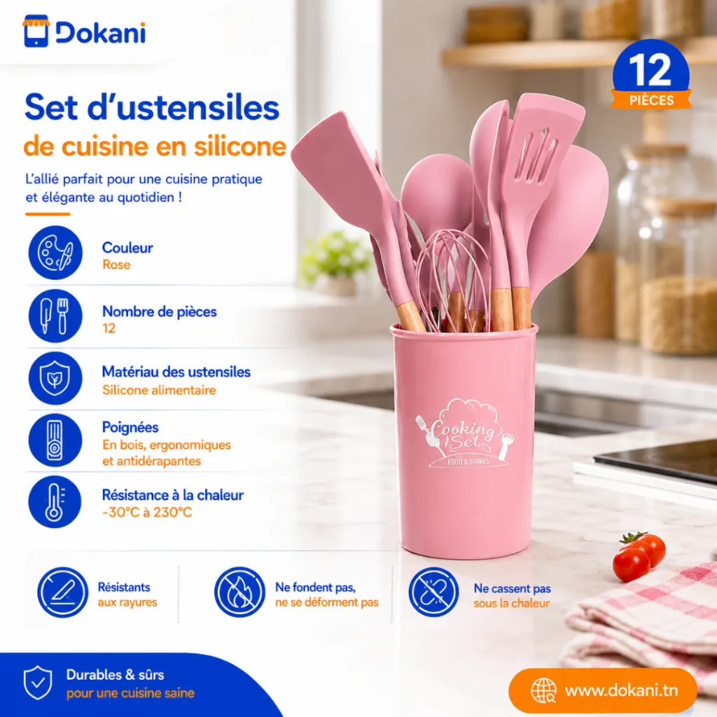 Set D'ustensiles De Cuisine En Silicone Rose 12 Pièces.webp