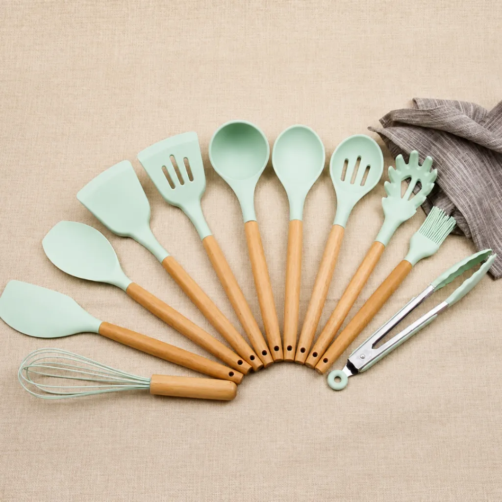 Set D'ustensiles De Cuisine En Silicone 12 Pièces Vert D'eau (2).webp
