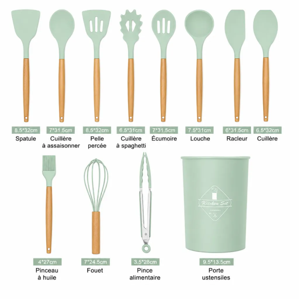 Set D'ustensiles De Cuisine En Silicone 12 Pièces Vert D'eau.webp