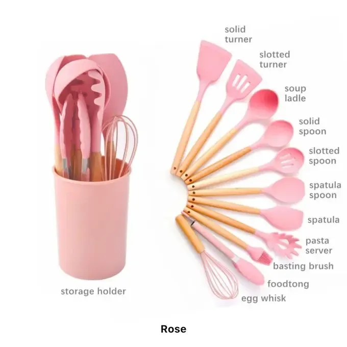Set D'ustensiles De Cuisine En Silicone Rose 12 Pièces.webp
