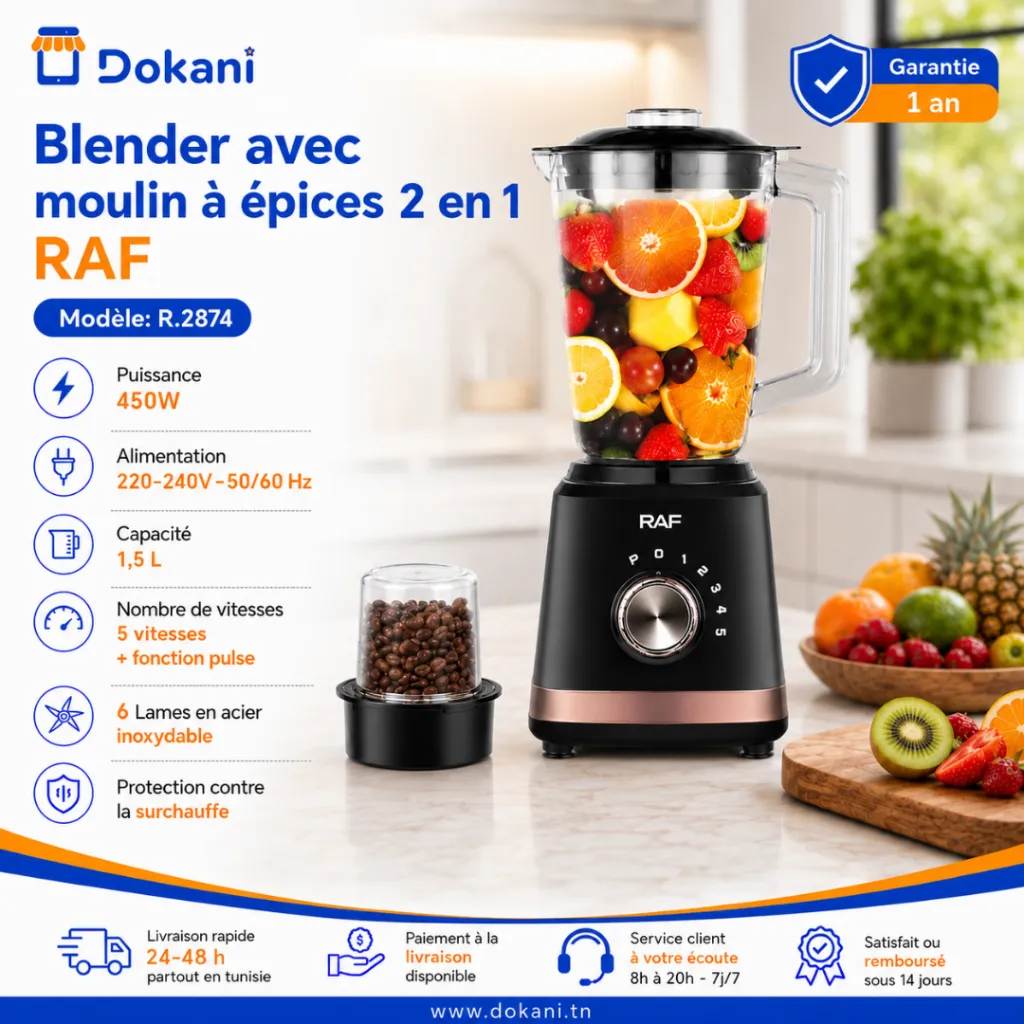 Blender Avec Moulin A Epices 2 EN 1 RAF - 450 W - 1,5 L - Noir.webp