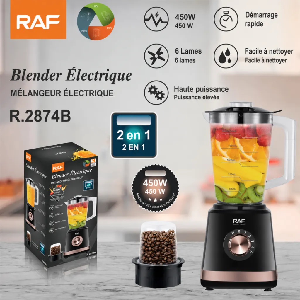 Blender  Avec Moulin A Epices 2 EN 1 RAF - 450 W - 1,5 L - Noir (2).webp