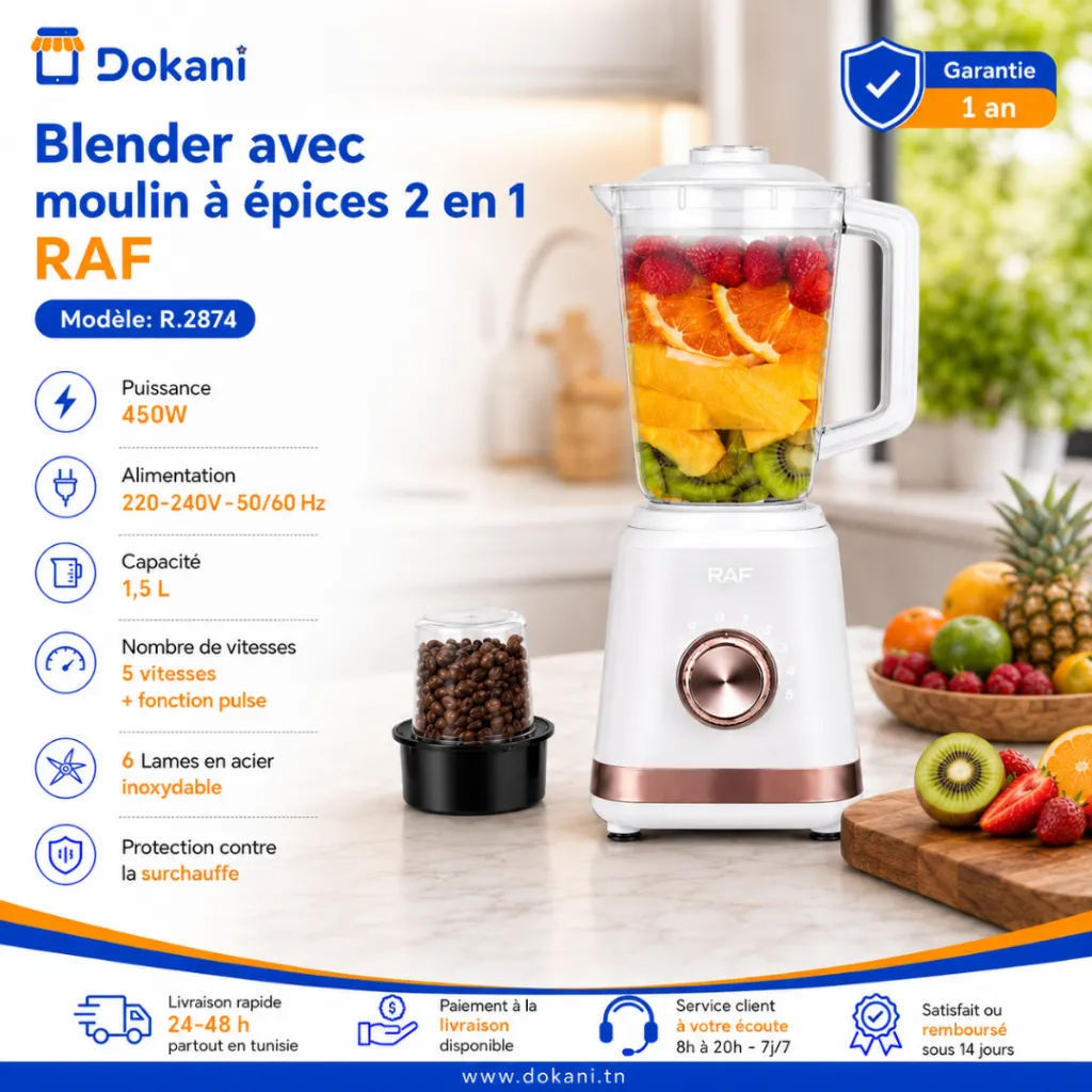 Blender Avec Moulin A Epices 2 EN 1 RAF - 450 W - 1,5 L - Blanc.webp