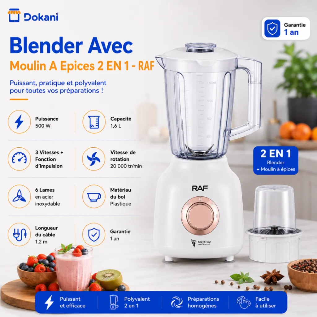 Blender Avec Moulin A Epices 2 EN 1 RAF - 500 W - 1,6 L - Blanc.webp