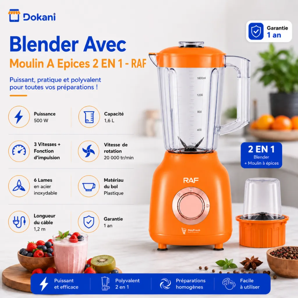 Blender Avec Moulin A Epices 2 EN 1 RAF - 500 W - 1,6 L - Orange.webp