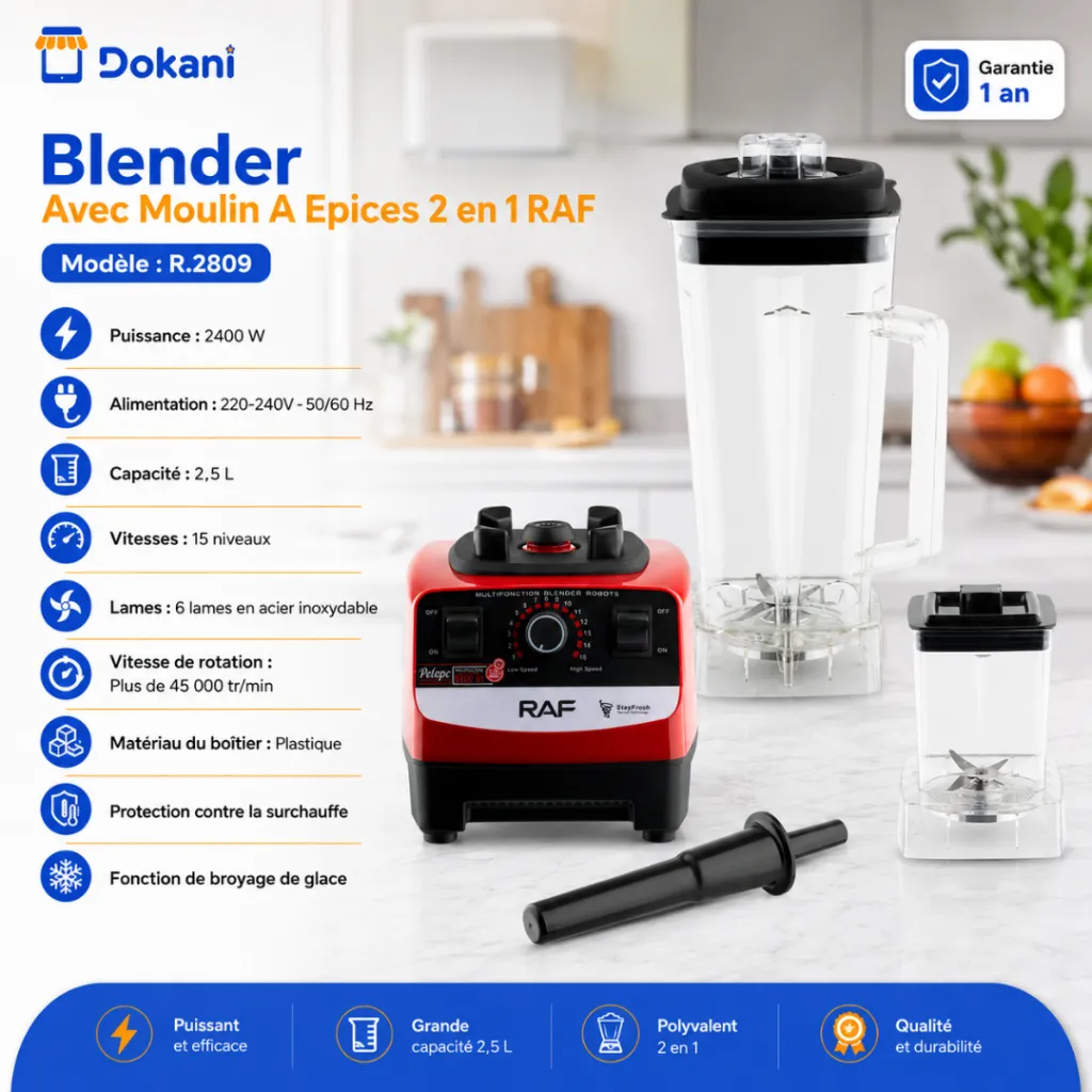 Blender Avec Moulin A Epices 2 en 1 RAF - 2400 W - 2,5 L - Rouge.webp