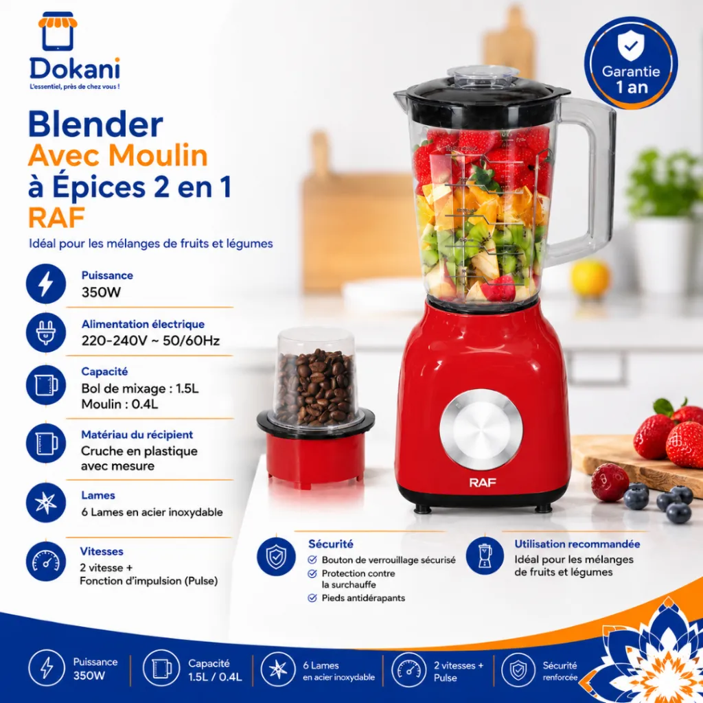 Blender Avec Moulin A Epices 2 EN 1 RAF - 350 W - 1,5 L - Rouge (3).webp