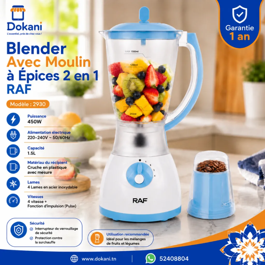 Blender Avec Moulin A Epices 2 EN 1 RAF - 450 W - 1,5 L - Bleu.webp