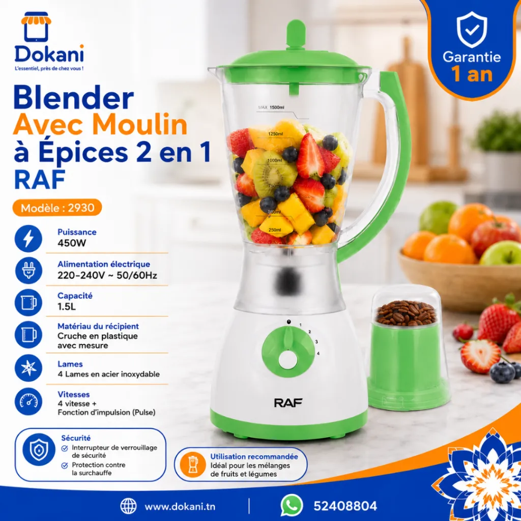Blender Avec Moulin A Epices 2 EN 1 RAF - 450 W - 1,5 L - Vert.webp