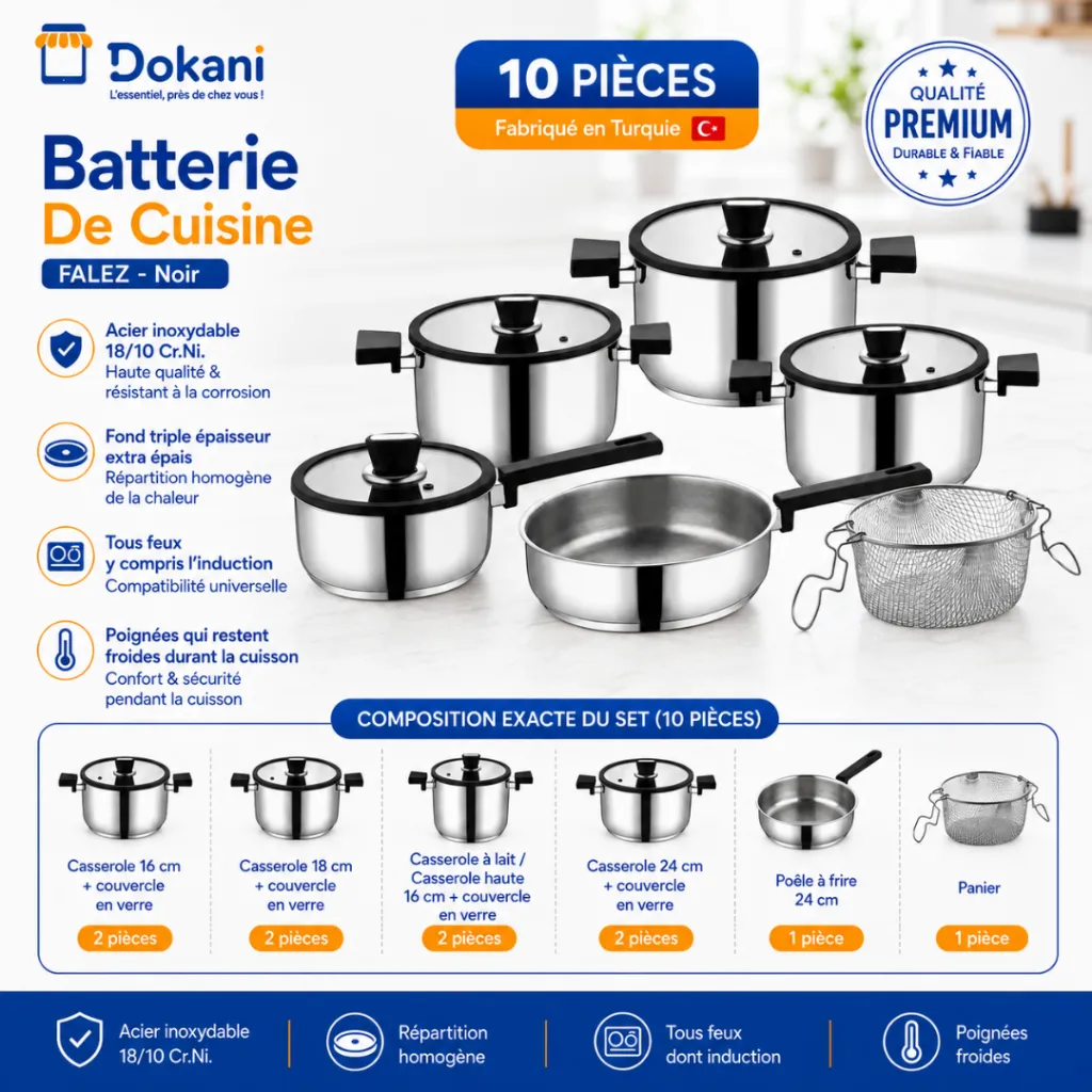 Batterie De Cuisine FALEZ 10 Pièces En Inox 1810 - Noir.webp