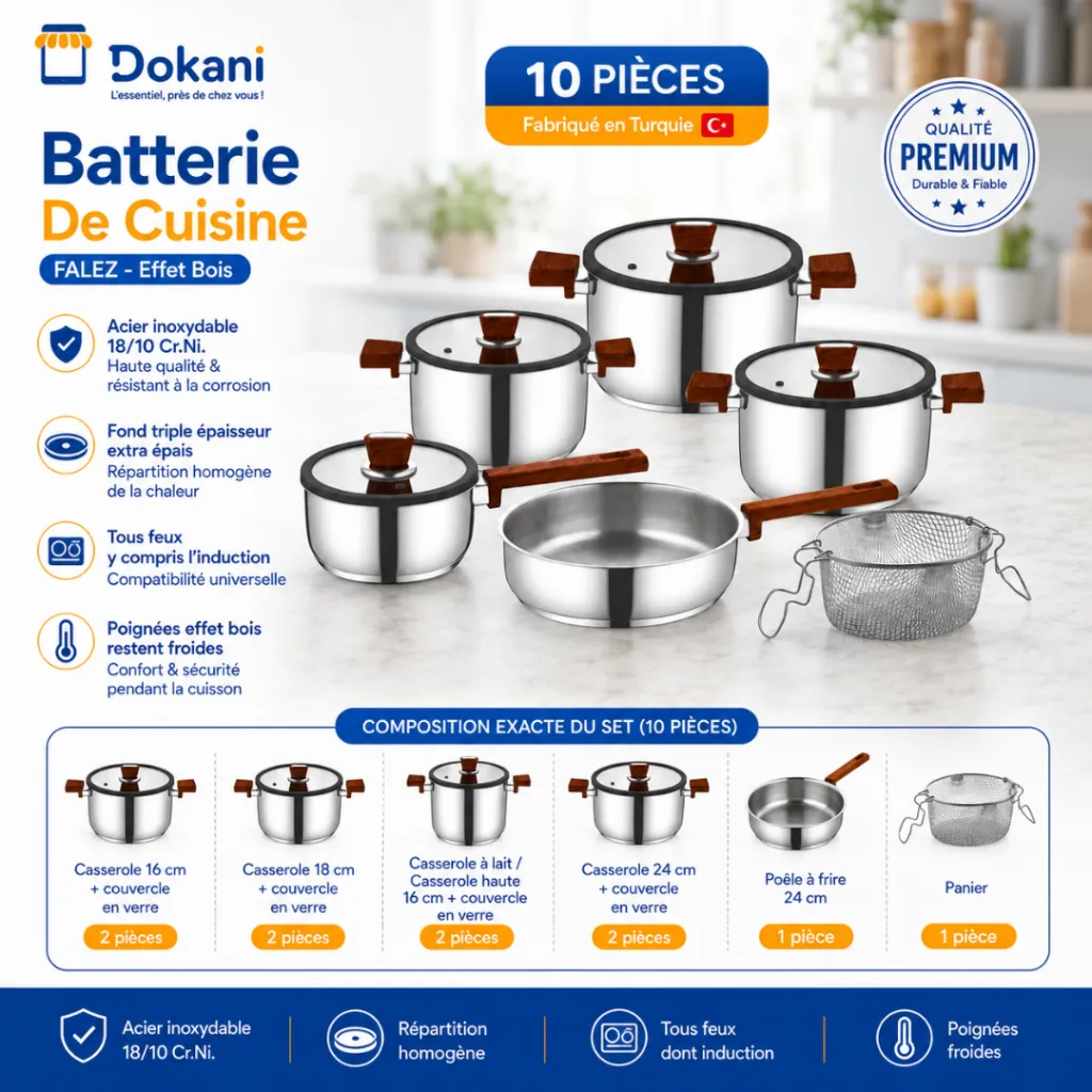 Batterie De Cuisine FALEZ 10 Pièces En Inox 1810 - Effet Bois.webp