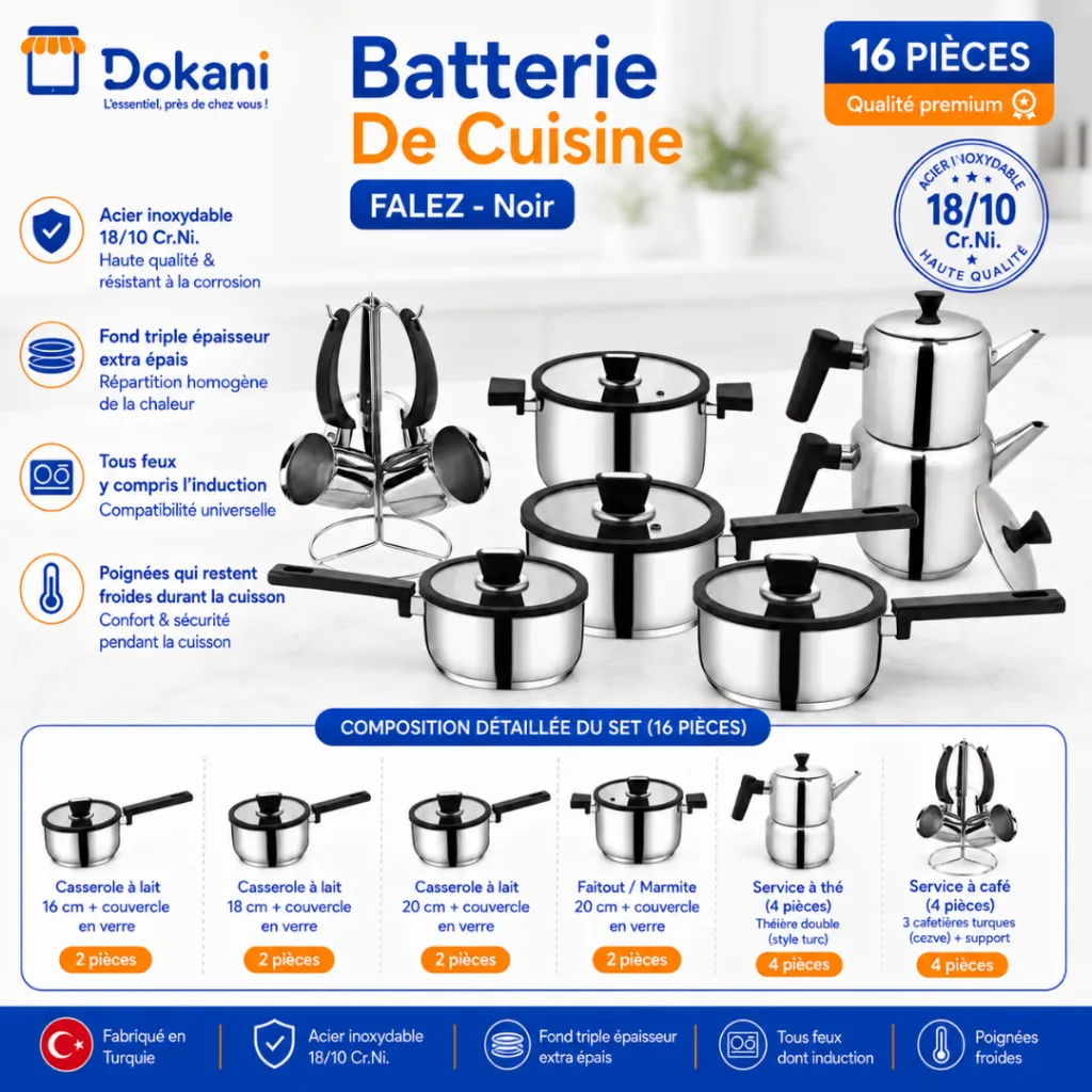 Batterie De Cuisine FALEZ 16 Pièces En Inox 1810 - noir.webp