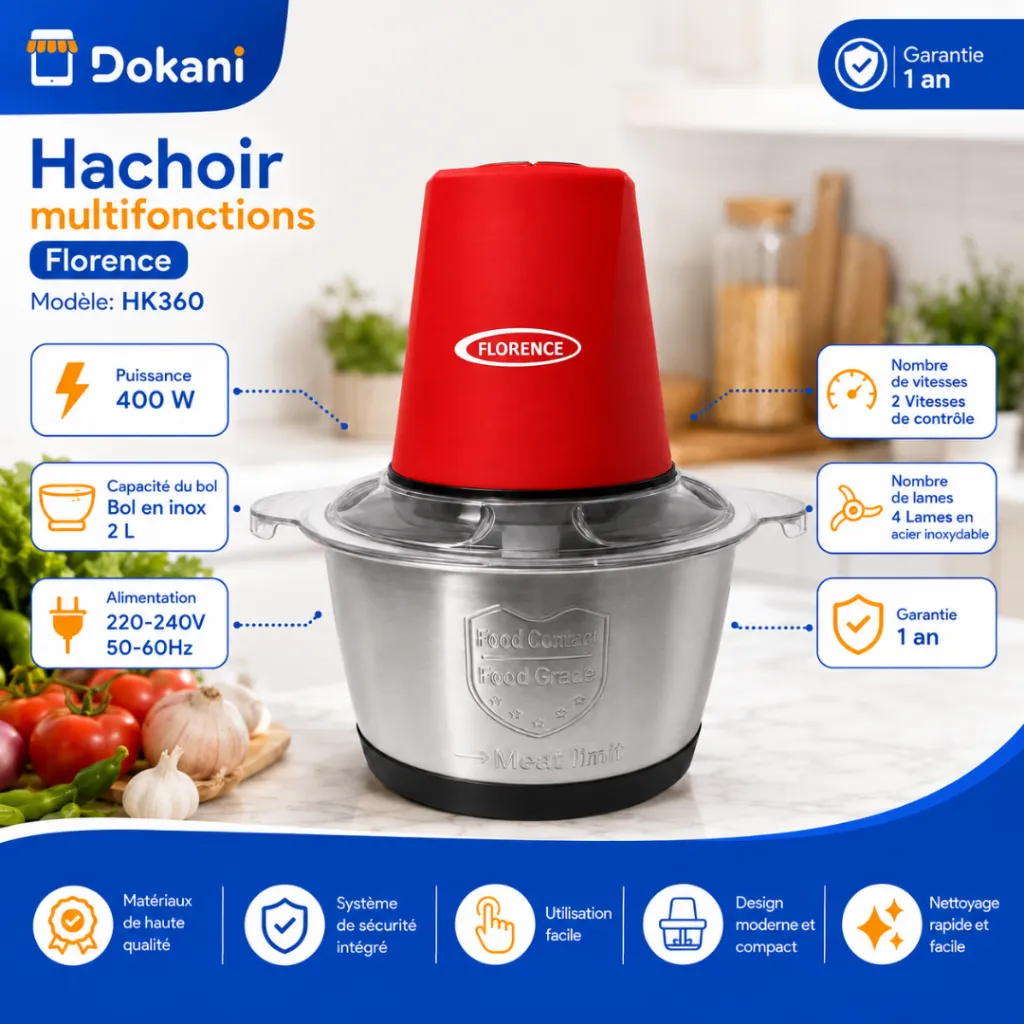 Hachoir Multifonctions Florence - 2L- 400W - Rouge (3).webp