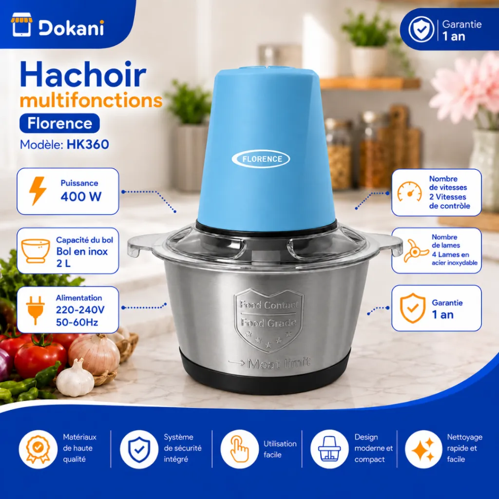 Hachoir Multifonctions Florence - 2L- 400W - Bleu (4).webp
