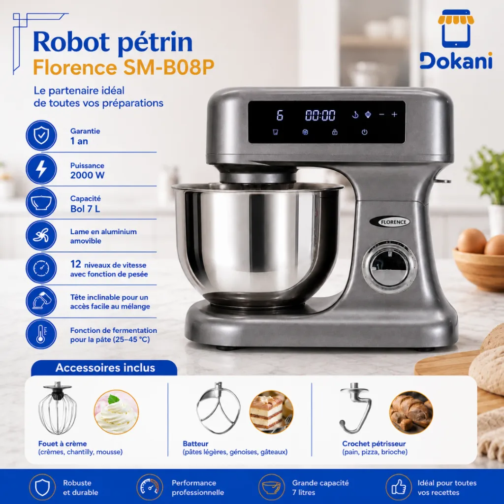 Robot Pétrin Florence 7L - 2000W - Gris (3).webp