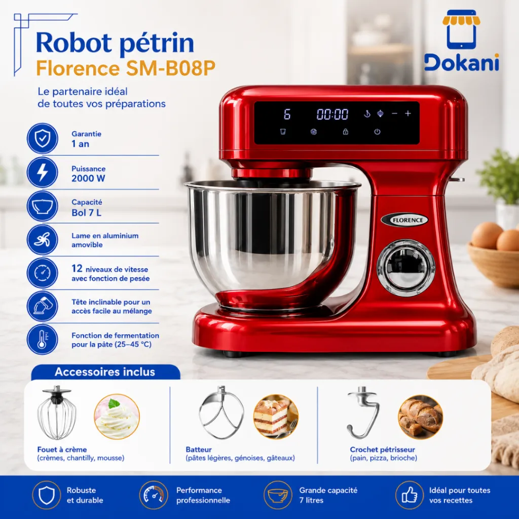 Robot Pétrin Florence 7L - 2000W - Rouge (3).webp