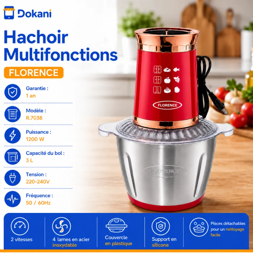 Hachoir Multifonctions Florence - 3L- 1200W  - Rouge.webp