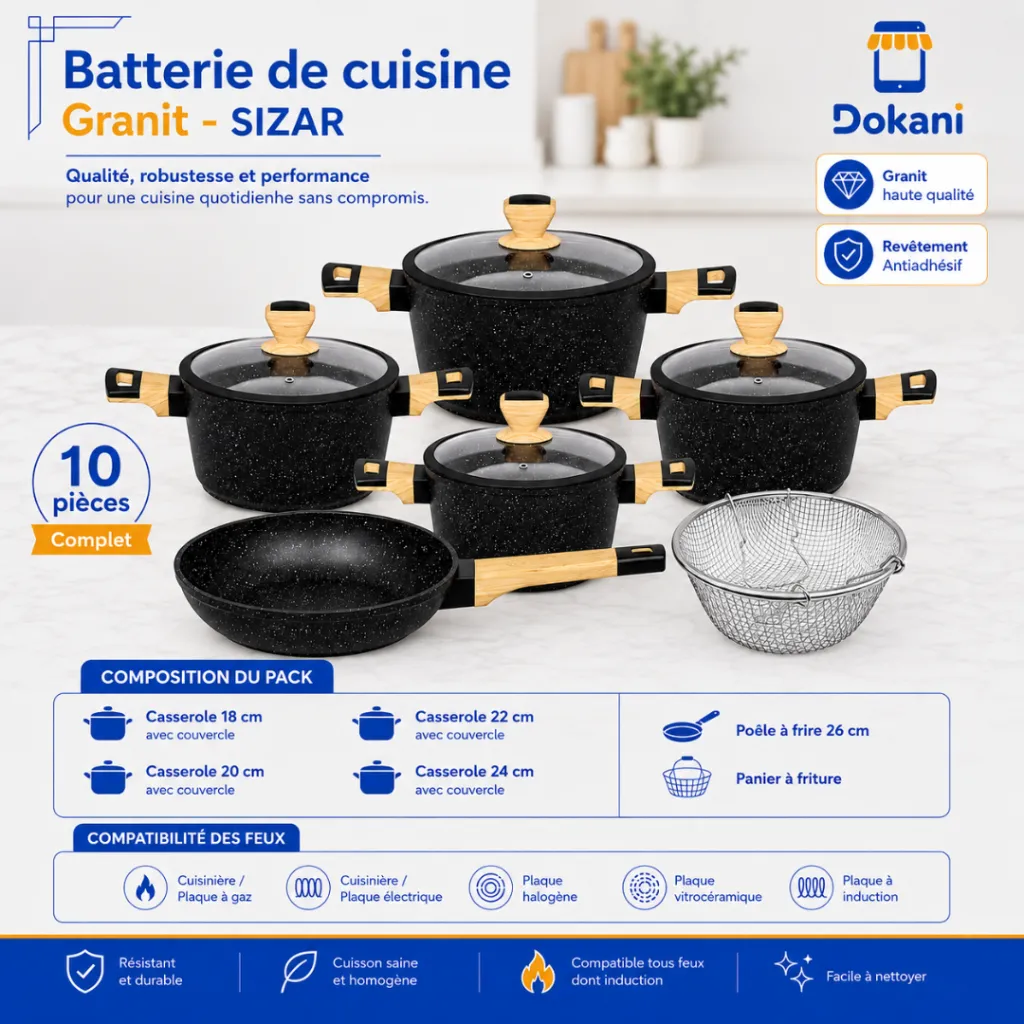 Batterie de Cuisine 10 Pièces Granit- Sizar - Noir.webp